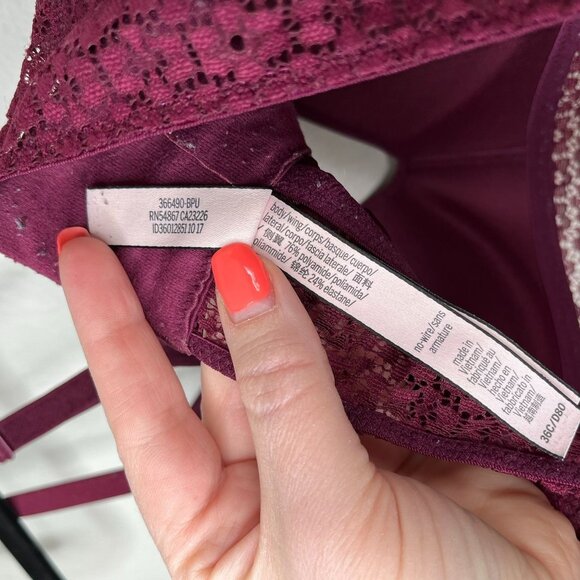 Victorias Secret Burgundy Long Line Lace Trim No Wire Bra 36C - Picture 6 of 9